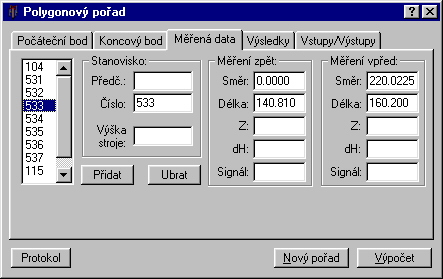 Zkladn okno pro vpoet polygonovho poadu - program GROMA